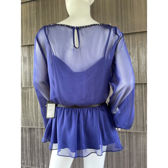 š„NWT ($120) Adrianna Papell Beaded Bishop Sleeve Sheer Chiffon Feminine Blouse - Picture 8 of 16